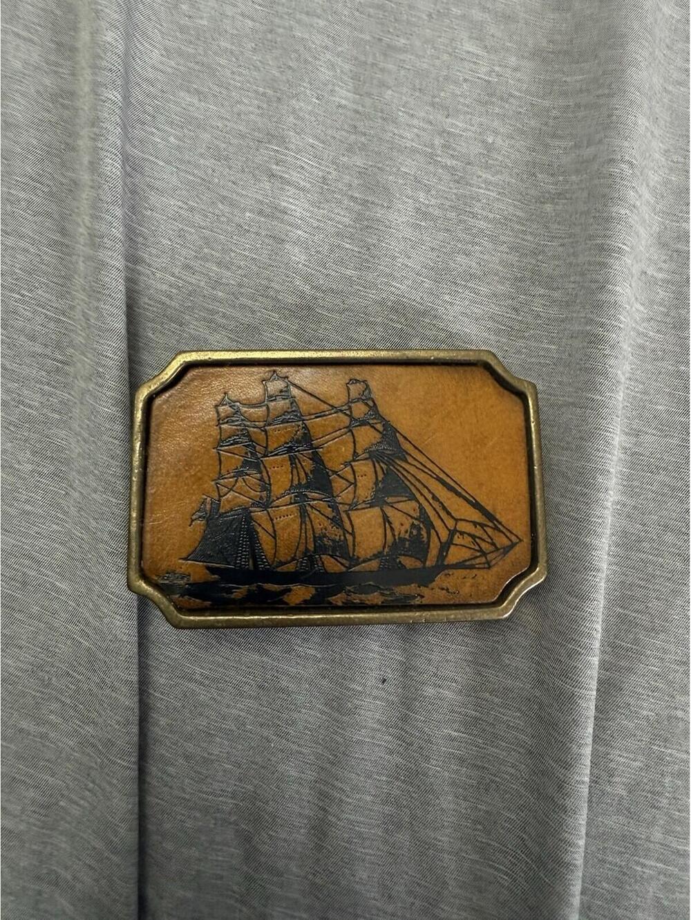 Three mast Sail Boat Ship Nautical theme leather and solid brass BTS belt buckle